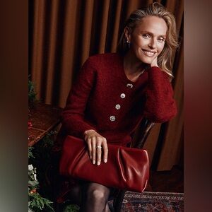 Simons Jewel Button Fuzzy Knit Sweater Red Size XS Statement Button Cardigan